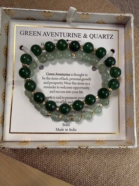 Green Aventurine & Quartz Beaded Bracelet Set - Green